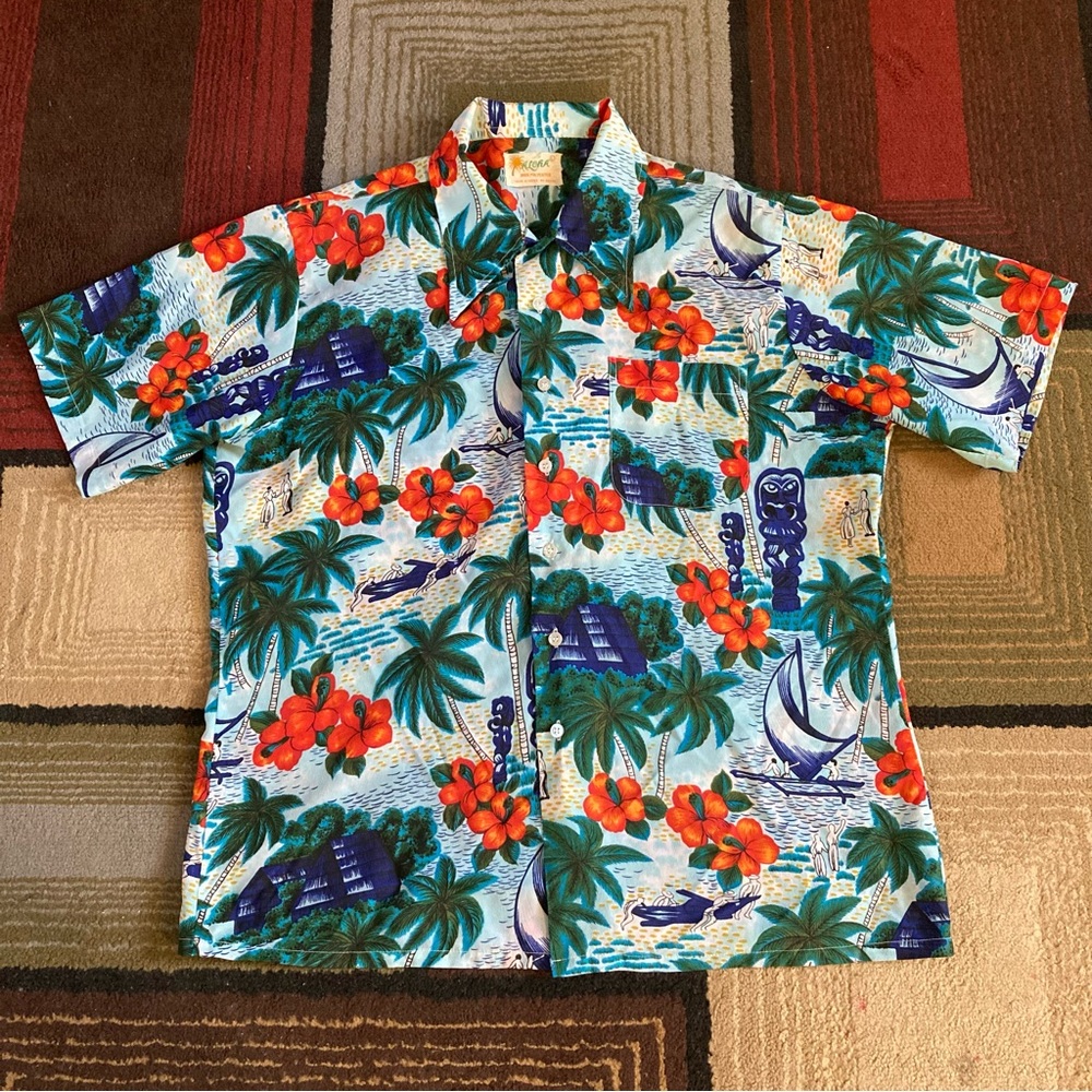 Vintage Aloha Hawaiian Button Up Shirt Men's Sz L Floral Boats Palm Trees Print